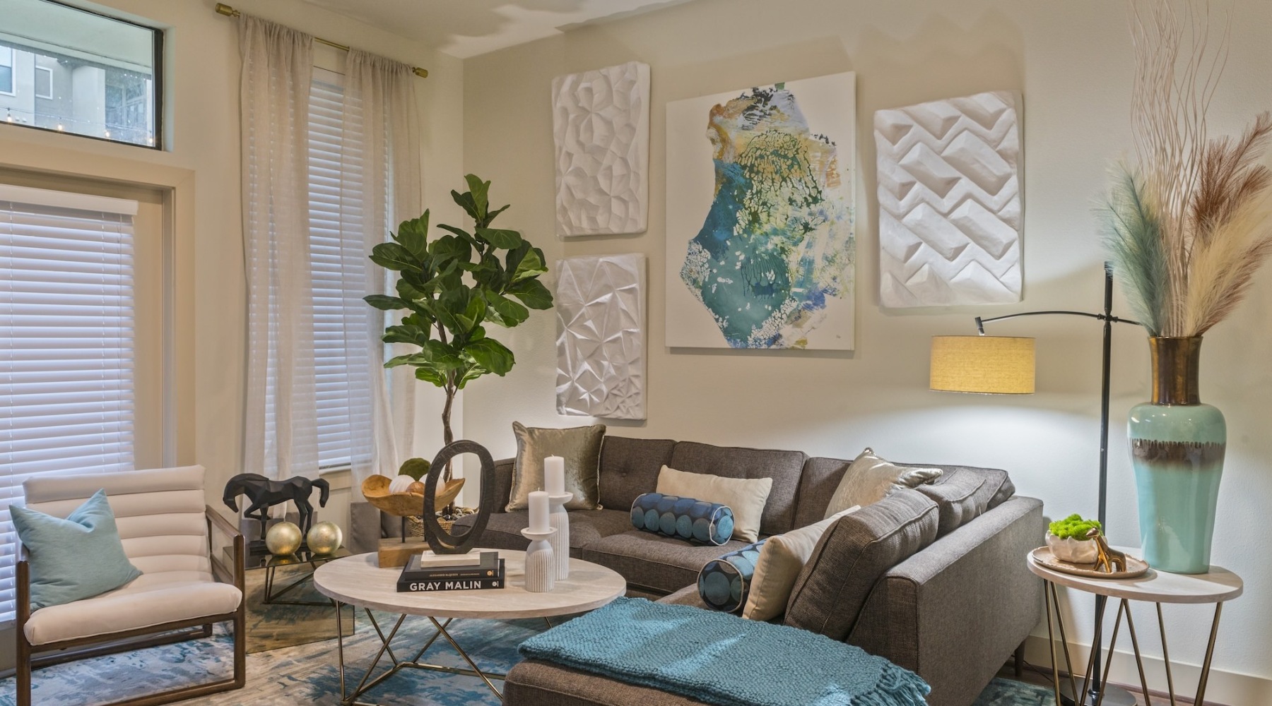 a living room with a couch and a coffee table